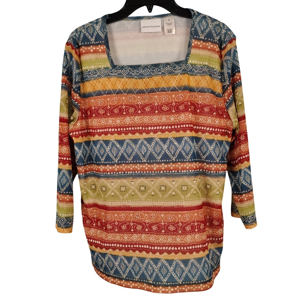 Alfred Dunner Womens M Square Neck Mesh Top Multicolor Geometric Boho Gorpcore